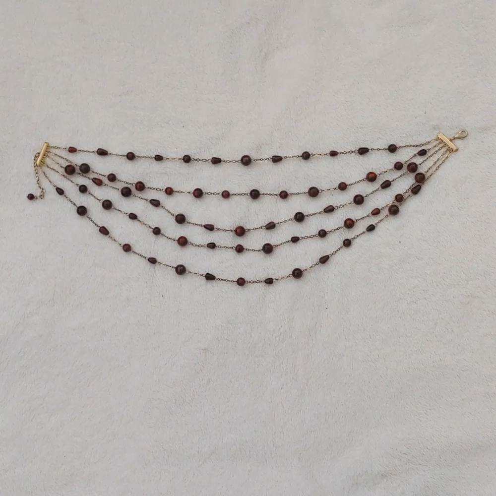 SALE: Gold-Colored Five Chain Necklace with Small Dark Brown Beads - Picture 3 of 10